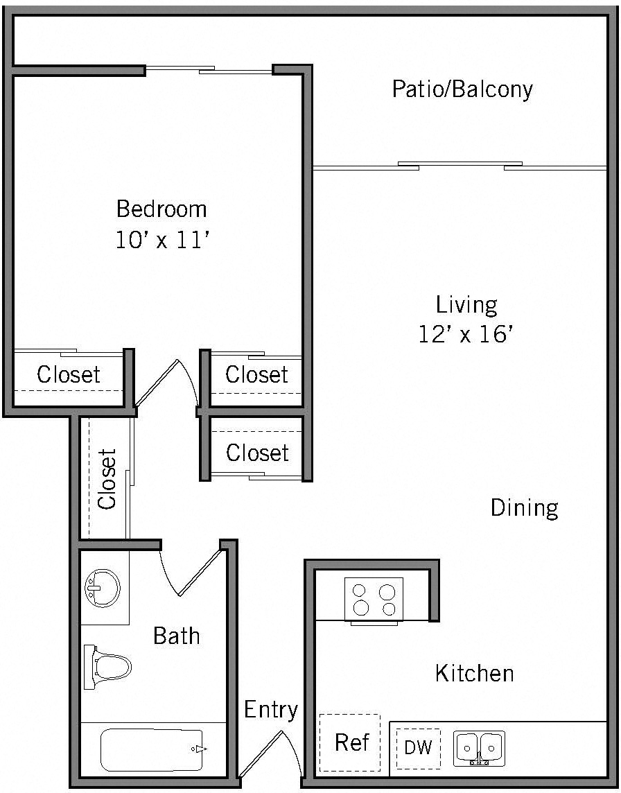 Floor plan for 1 bed, 1 bath, 610 sqft